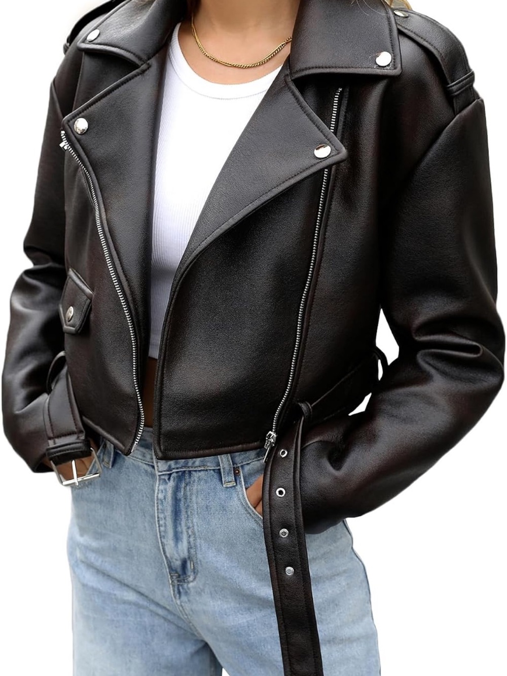 Women’s Black Faux Leather Biker Jacket - Stylish Casual Coat - Picture 3 of 8